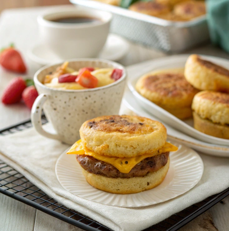 A close-up of a sausage and cheese breakfast sandwich with a golden toasted English muffin, melted cheddar cheese, and a browned sausage patty, placed on a white plate. In the background, there’s a mug of scrambled eggs topped with strawberries and bacon, a steaming cup of coffee, fresh strawberries, and a tray of toasted muffins, all set on a rustic table. The scene conveys a warm and cozy breakfast atmosphere.
