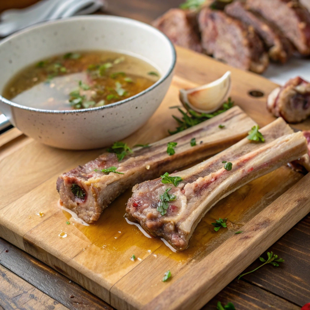 A close-up of cooked soup bones garnished with fresh parsley on a wooden cutting board, accompanied by a bowl of rich broth, inviting the question: are soup bones good to eat directly or in broth-based dishes.