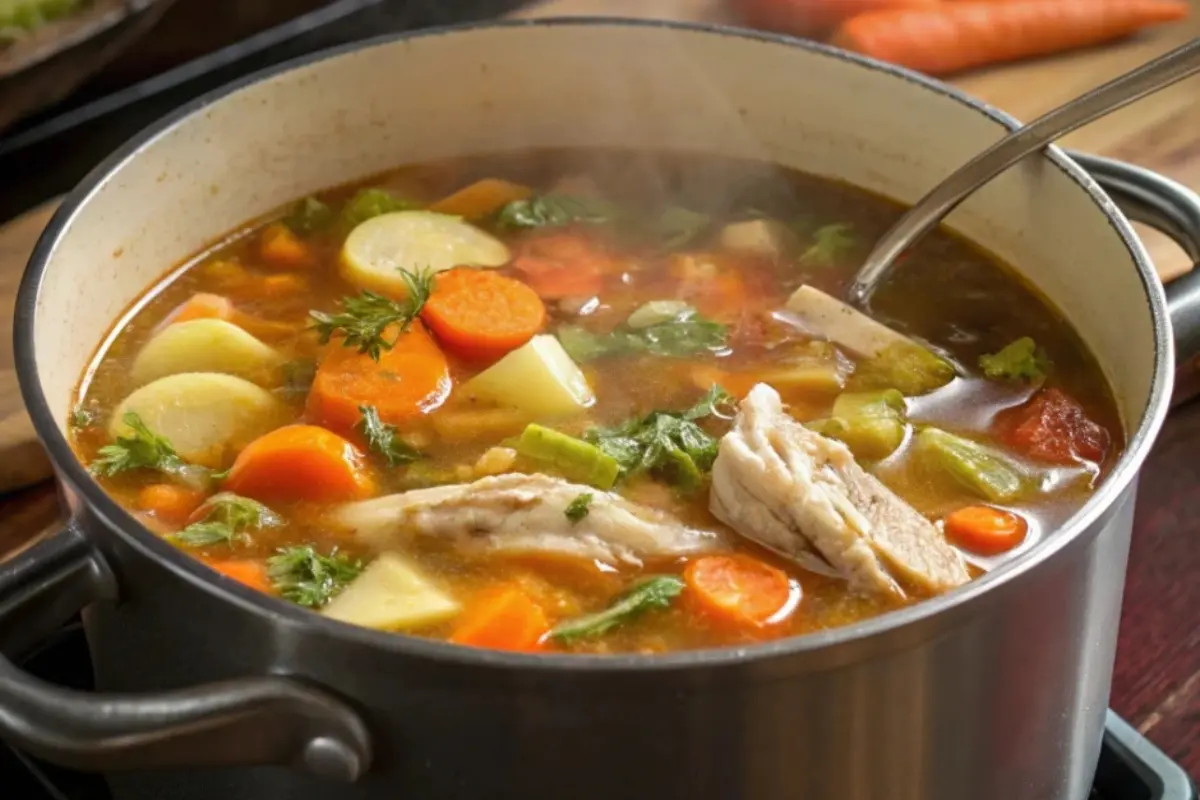 A pot of steaming vegetable soup with carrots, potatoes, celery, and pieces of chicken, garnished with fresh herbs.