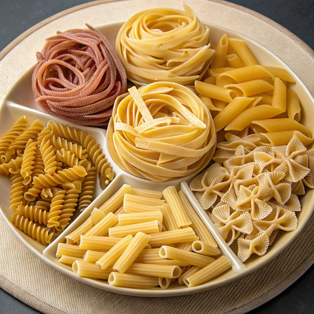 An organized display of various pasta types arranged in sections on a round platter, featuring spaghetti nests, fusilli, penne, rigatoni, farfalle (bow-tie pasta), and whole-grain pasta, presented in an artistic and visually appealing manner