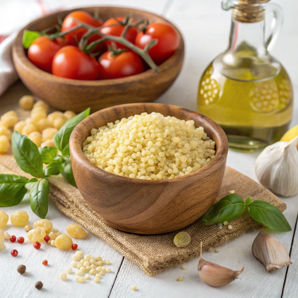 A wooden bowl filled with uncooked pastina grains placed on a rustic fabric, surrounded by fresh ingredients like cherry tomatoes on the vine, basil leaves, garlic cloves, and a bottle of olive oil. The arrangement sits on a light wooden surface, highlighting the simplicity and natural appeal of the ingredients.