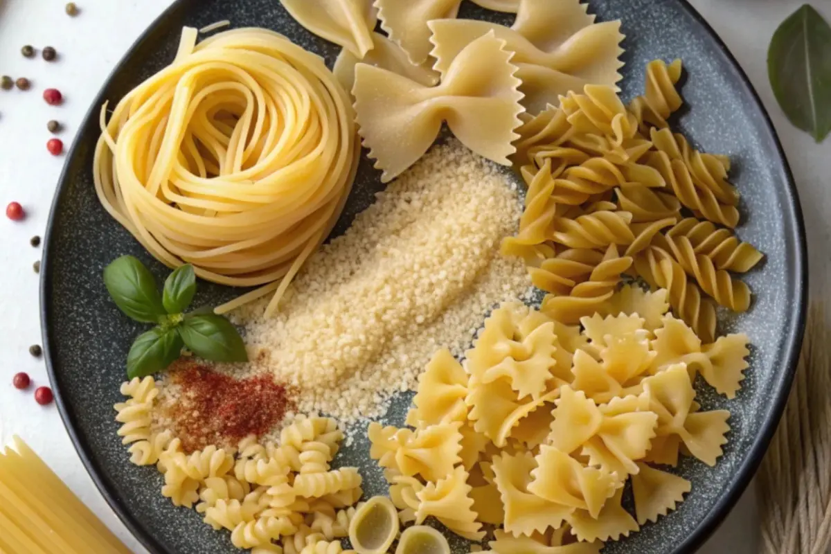 A variety of pasta types arranged on a plate, including spaghetti, fusilli, farfalle, and pasta shapes, with a sprinkle of grated cheese, basil leaves, and a dash of paprika.