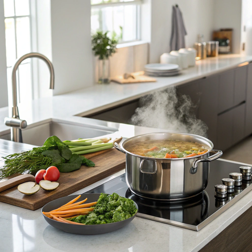 Steaming pot of soup made with soup bones on a modern stovetop, surrounded by fresh vegetables like carrots, broccoli, and spinach, in a bright and clean kitchen setting.