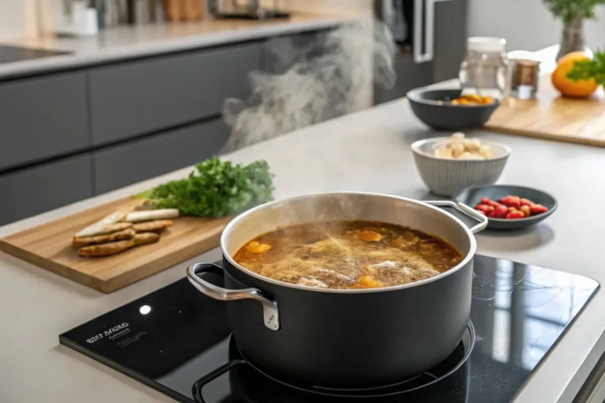 A large pot of soup simmering on the stove with steam rising, surrounded by fresh vegetables, including herbs, carrots, and tomatoes. In the background, there are bowls with ingredients and a cutting board with bread