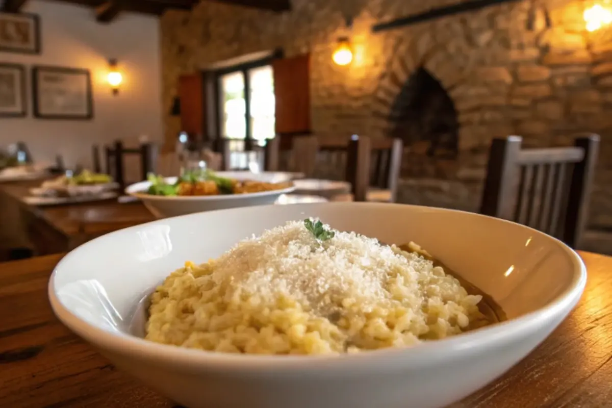 A bowl of creamy risotto topped with grated cheese and a sprig of fresh parsley, set on a wooden table in a rustic dining room