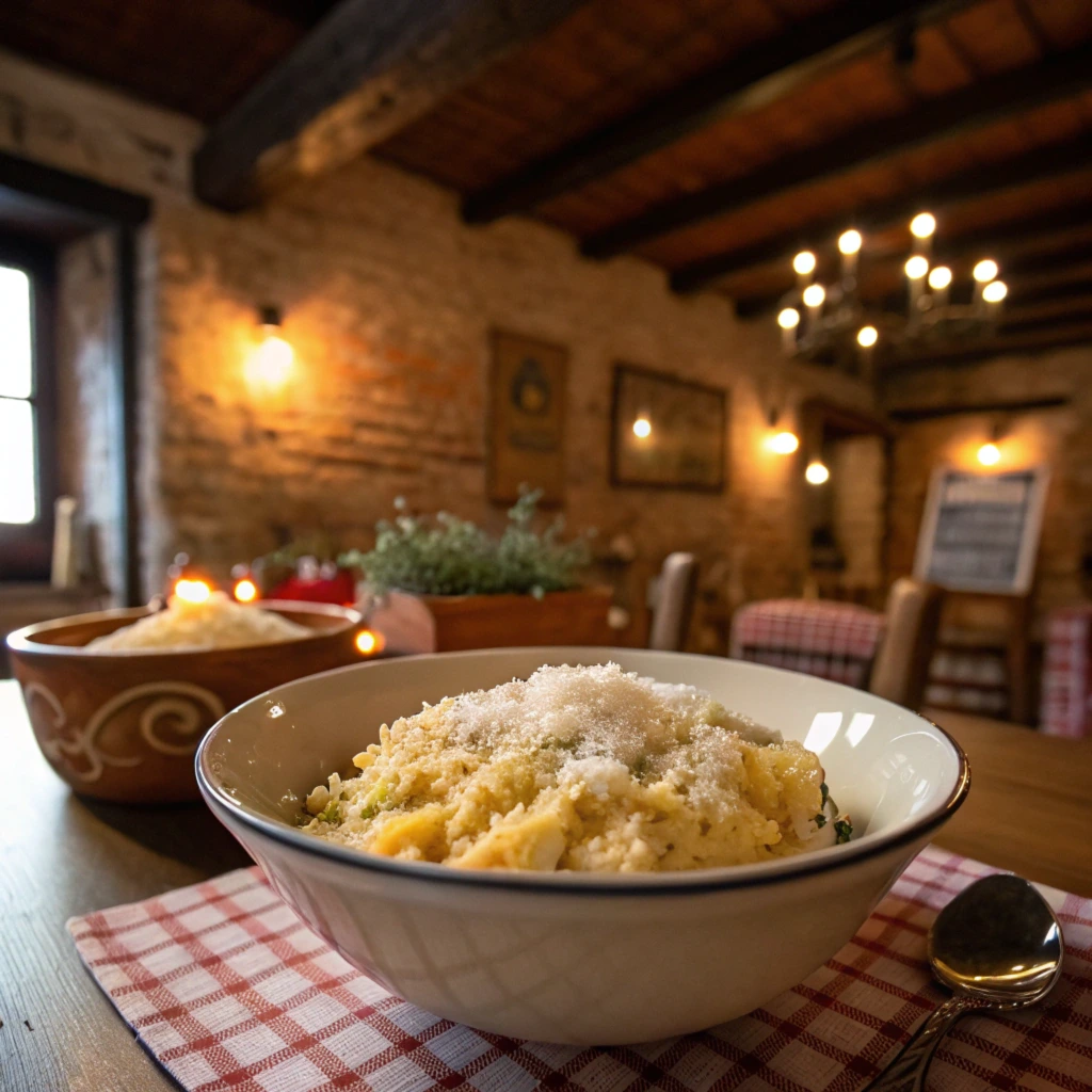 A bowl of pastina topped with grated Parmesan cheese on a checkered tablecloth in a rustic dining room with brick walls, wooden beams, and warm ambient lighting, evoking a comforting and traditional Italian atmosphere.