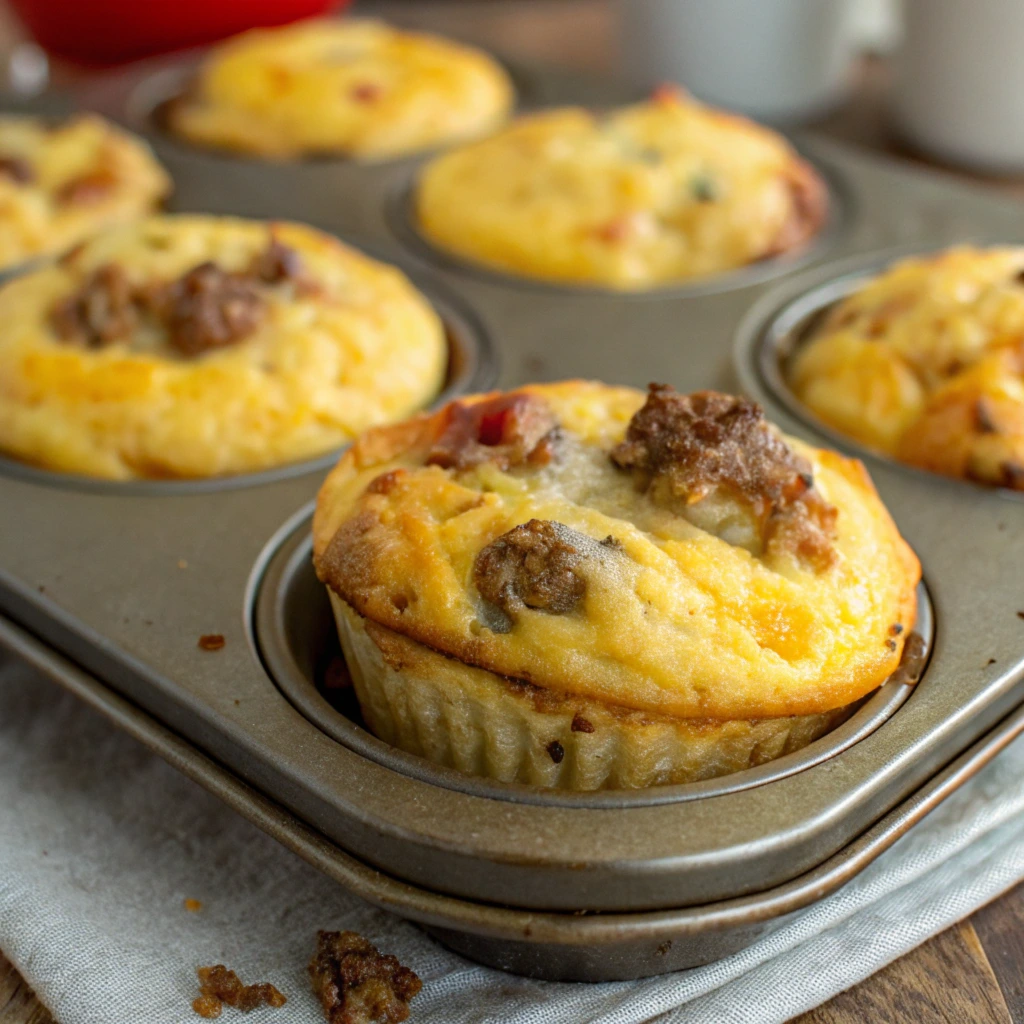 Close-up of freshly baked sausage, egg, and cheese breakfast muffins in a muffin tin, showing golden tops with visible sausage chunks and melted cheese.