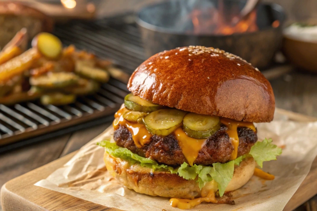 A close-up of a perfectly cooked smash burger featuring a caramelized patty, melted cheese, fresh lettuce, and pickles on a shiny brioche bun, served on parchment paper with fries and a grill in the background.