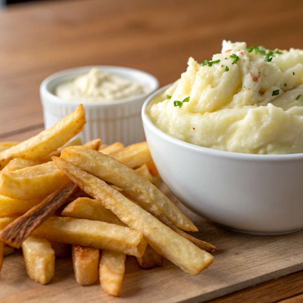 A close-up of golden French fries served alongside a bowl of creamy mashed potatoes garnished with fresh parsley, with dipping sauce in the background.