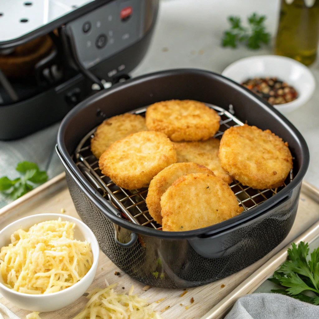 A close-up view of golden, crispy hash browns arranged in an air fryer basket. The air fryer is placed on a countertop, with a bowl of shredded potatoes and fresh parsley in the foreground. The scene also includes a bottle of olive oil and a bowl of mixed seasonings in the background, highlighting the preparation of a delicious meal.