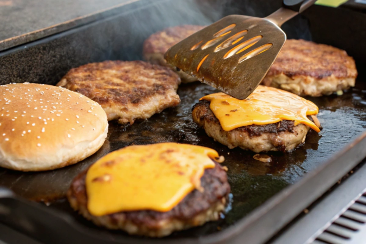 A close-up of a griddle at the perfect temperature for smash burgers, with golden-brown patties cooking, cheese melting, and a sesame seed bun toasting nearby