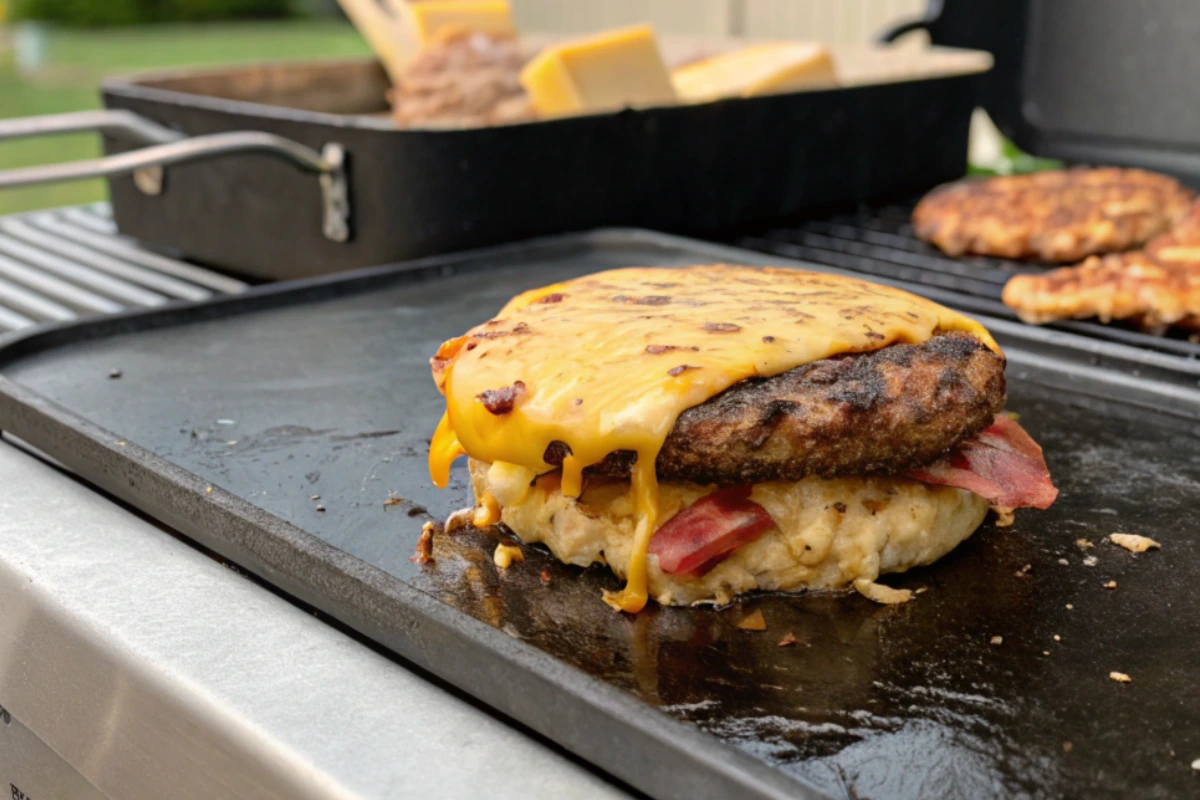 A sizzling smash burger cooking on a Blackstone griddle, featuring a juicy patty topped with melted cheese and surrounded by toasted buns, with an outdoor backyard setup in the background