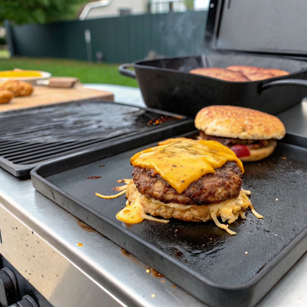 A sizzling smash burger cooking on a Blackstone griddle, featuring a juicy patty topped with melted cheese and surrounded by toasted buns, with an outdoor backyard setup in the background.