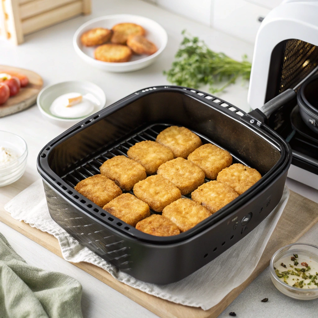 image of crispy golden hash brown patties arranged in a single layer inside an air fryer basket. The surrounding kitchen counter features small bowls with sauces, fresh herbs, and additional cooked hash browns on a white plate, creating a clean and inviting