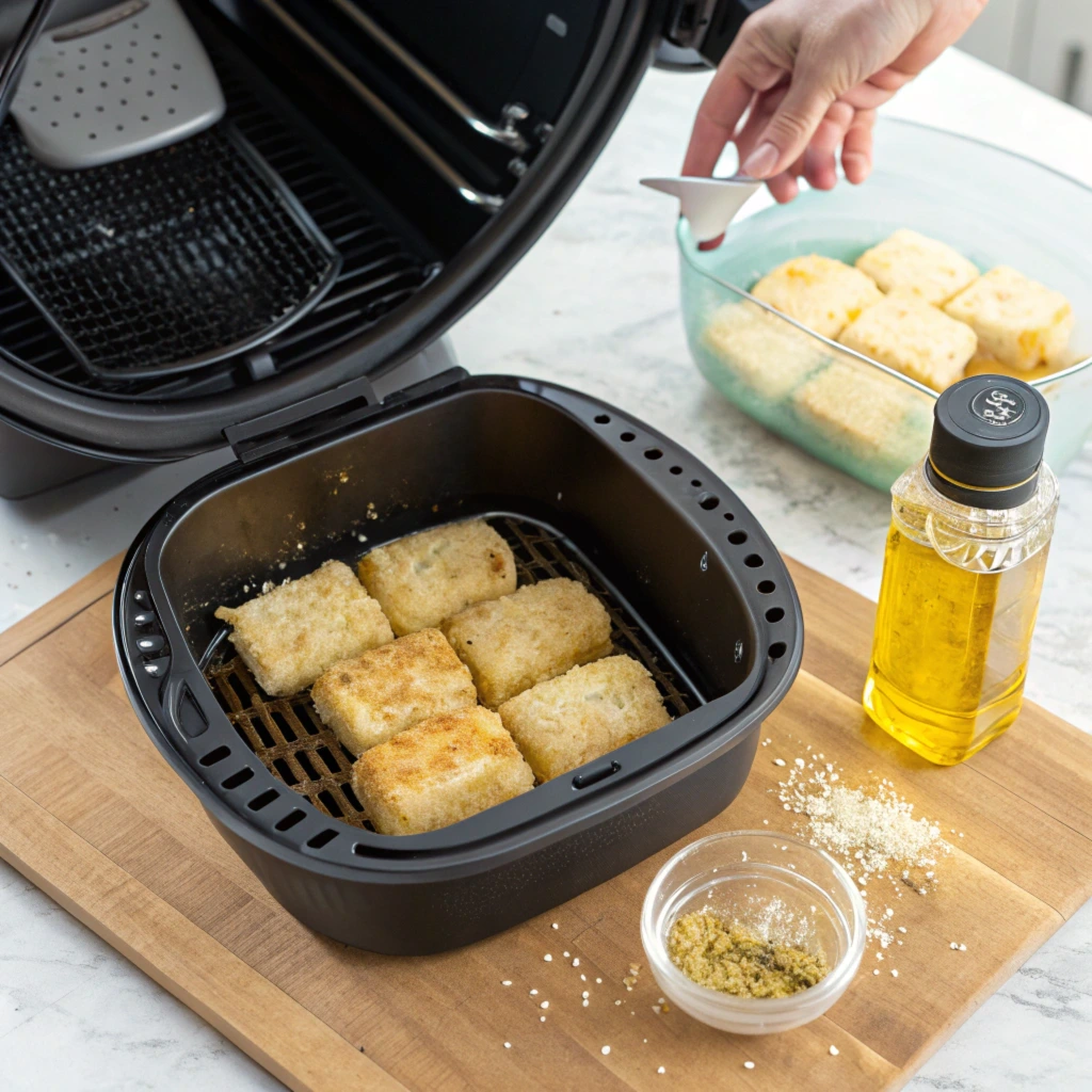 A close-up view of golden hash browns being cooked in an air fryer basket, surrounded by a bowl of uncooked hash browns, olive oil, and seasoning on a wooden cutting board.