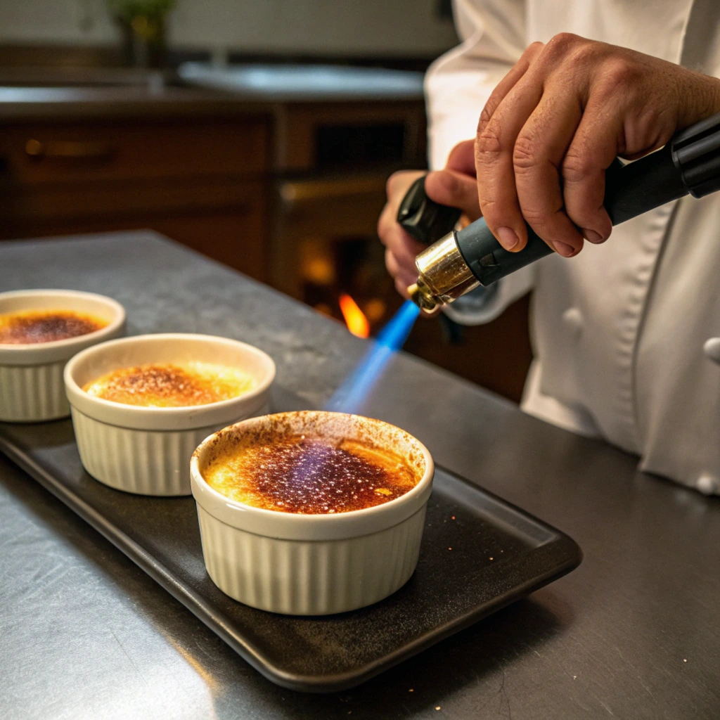 Chef using a blowtorch to caramelize the sugar topping on crème brûlée ramekins, placed on a dark tray in a professional kitchen setting.