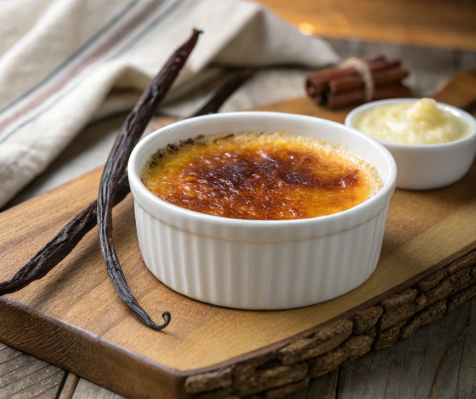 Classic crème brûlée dessert in a white ramekin with caramelized sugar topping, garnished with vanilla pods on a rustic wooden surface.