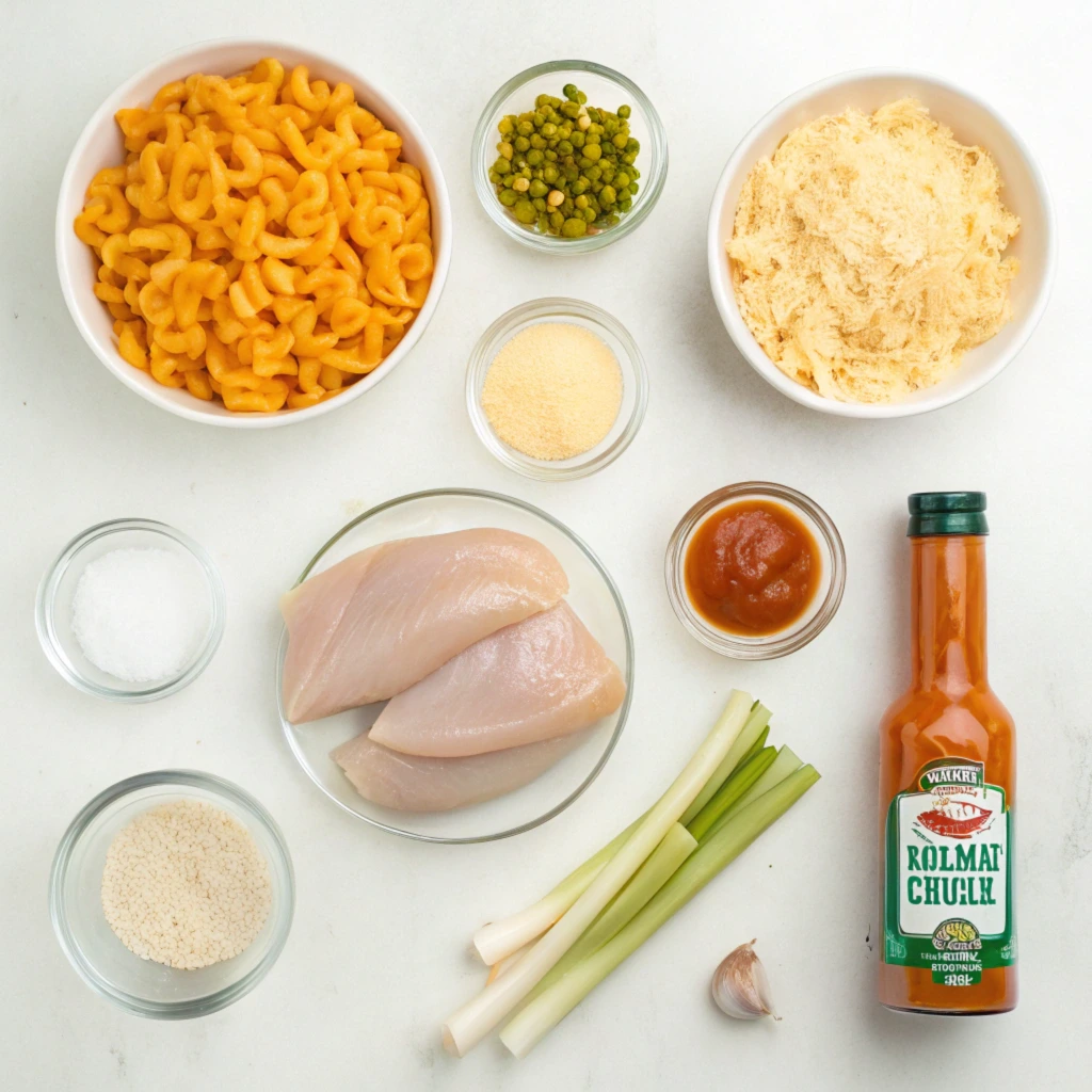 An overhead view of ingredients for Buffalo Chicken Mac and Cheese, including raw chicken breasts, pasta, shredded cheese, buffalo sauce, green onions, garlic, and seasonings. The items are neatly arranged on a white countertop.