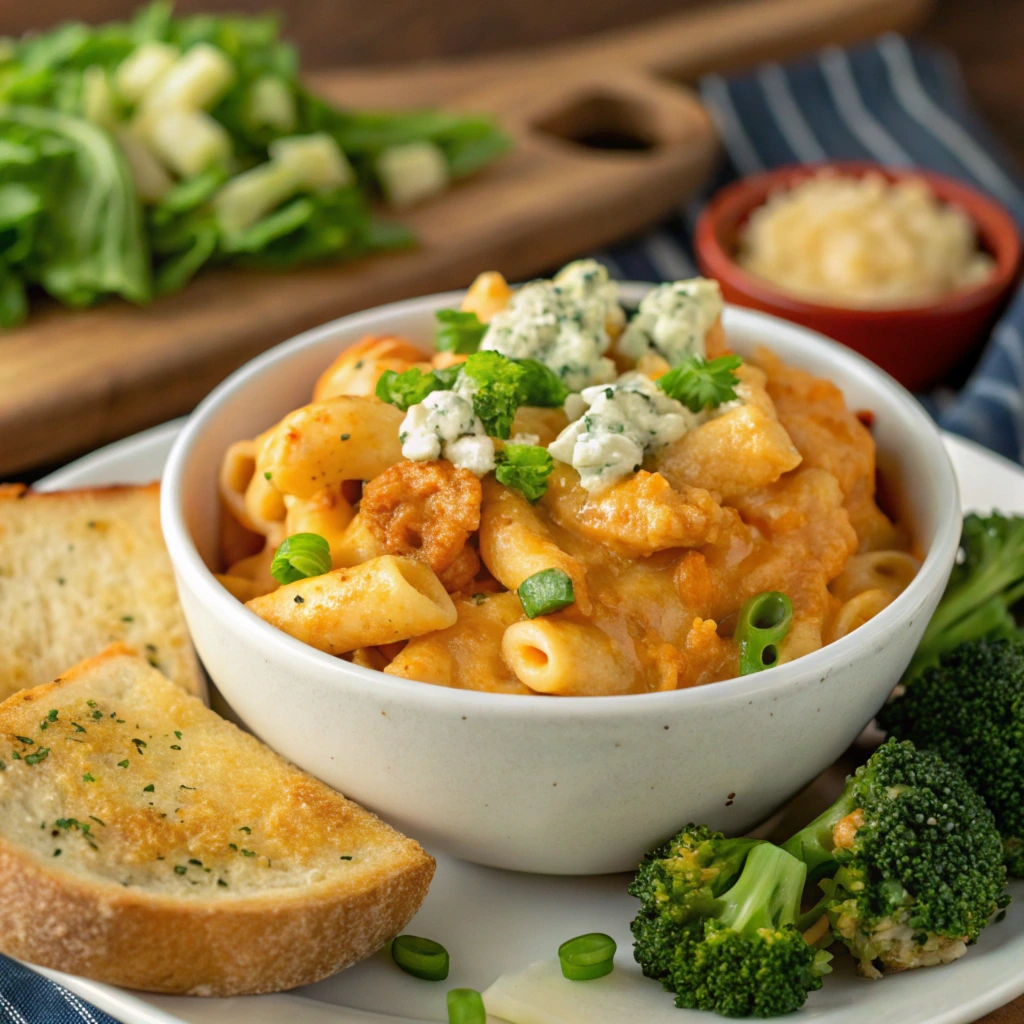 A serving of Buffalo Chicken Mac and Cheese topped with crumbled blue cheese, green onions, and parsley, accompanied by steamed broccoli and garlic bread on a white plate. A salad and grated cheese are visible in the background on a wooden cutting board.