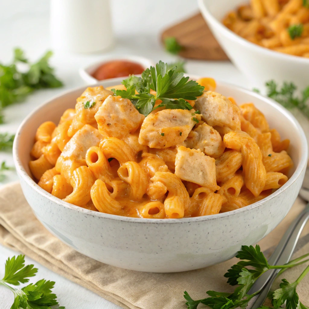 A close-up of a bowl of Buffalo Chicken Mac and Cheese featuring tender pasta, creamy buffalo cheese sauce, and chunks of seasoned chicken. Garnished with a sprig of fresh parsley, the dish is set on a neutral napkin with scattered parsley leaves around it.