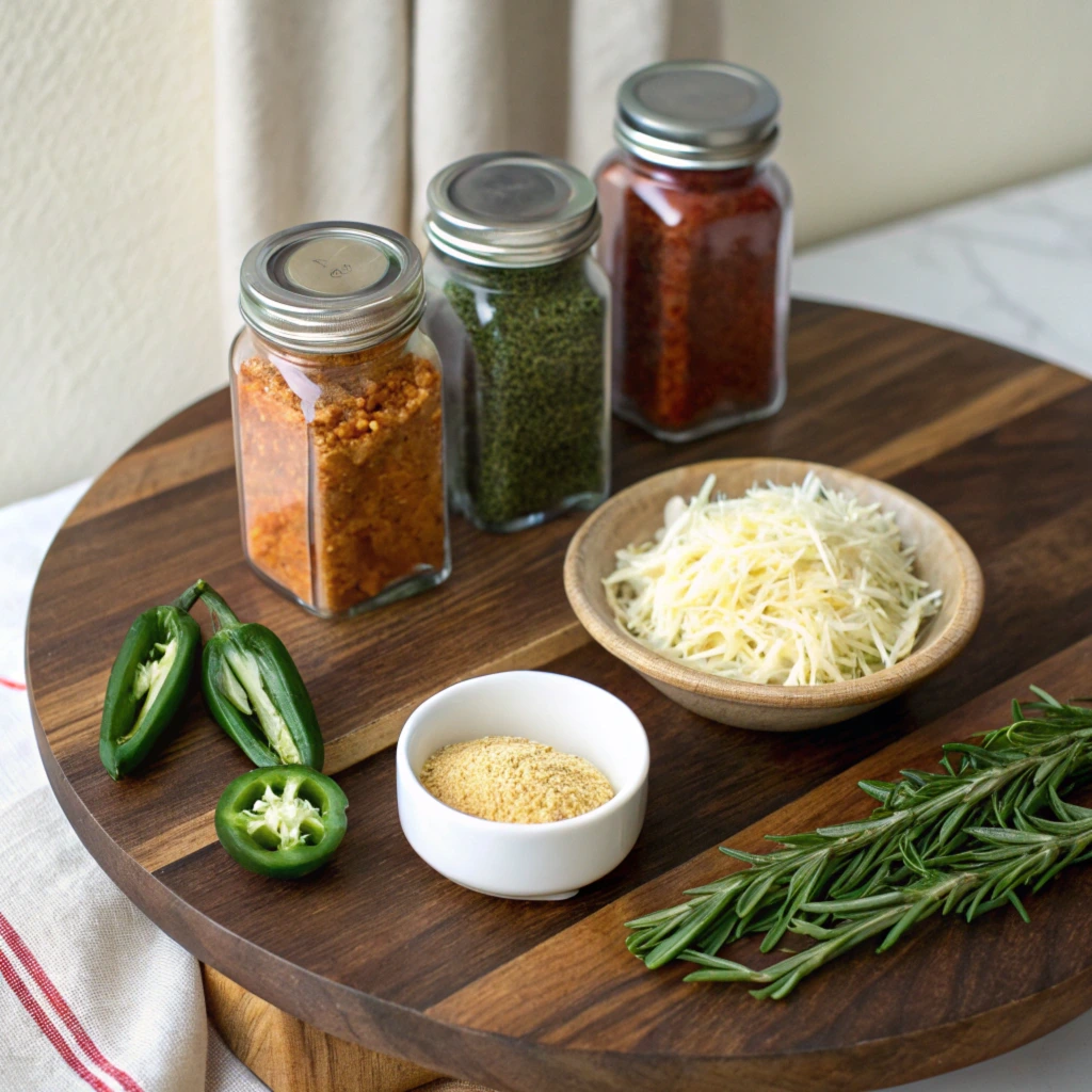 A wooden table displaying seasoning options for hash browns, including jars of smoked paprika, dried herbs, and chili flakes. Fresh rosemary sprigs, shredded cheese, sliced jalapeños, and a bowl of garlic powder are arranged for creative flavor inspiration.