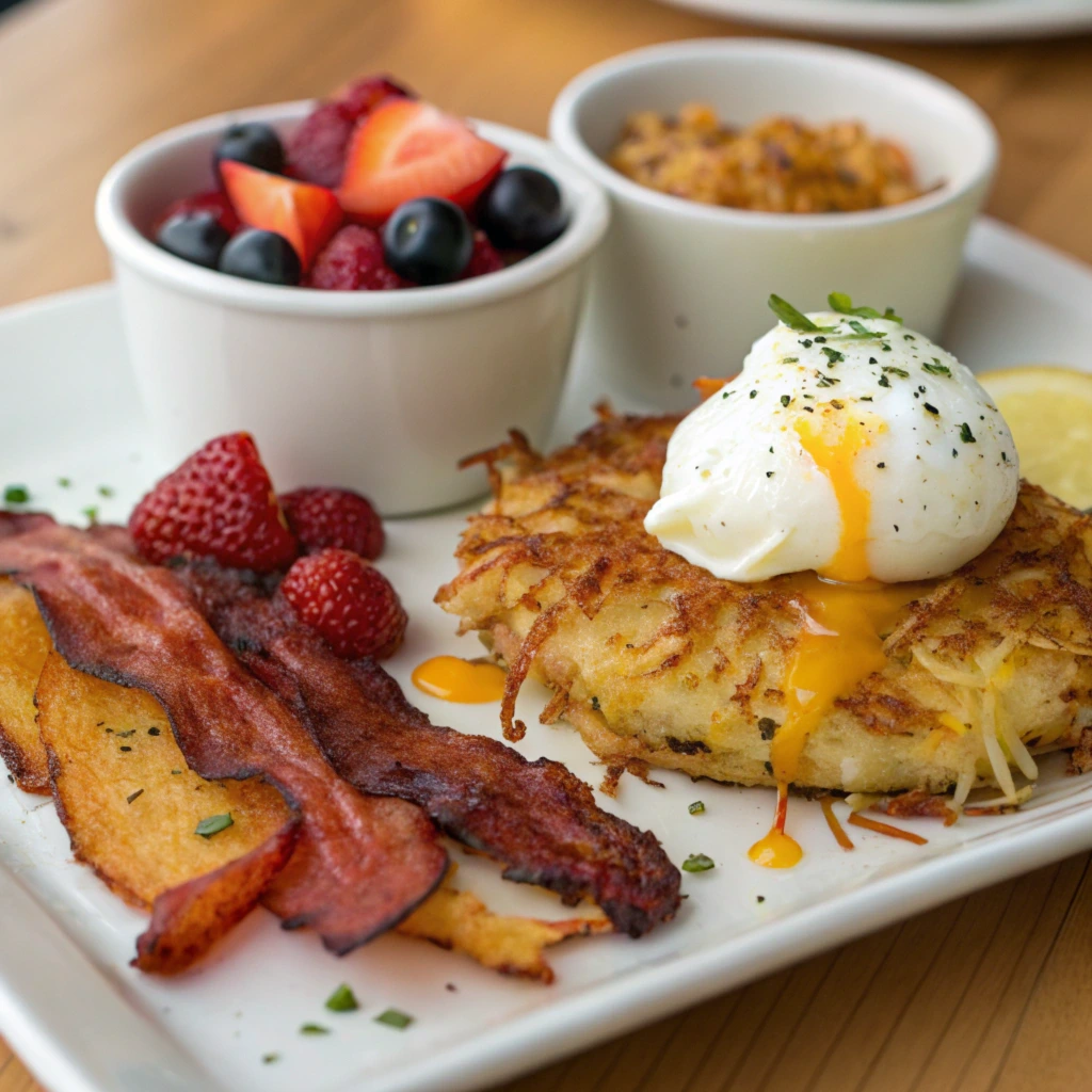 A breakfast plate featuring crispy hash browns topped with a poached egg with a runny yolk, served alongside strips of bacon, fresh berries, and small bowls of fruit salad and side dish. A perfect brunch combination for a flavorful start to the day.