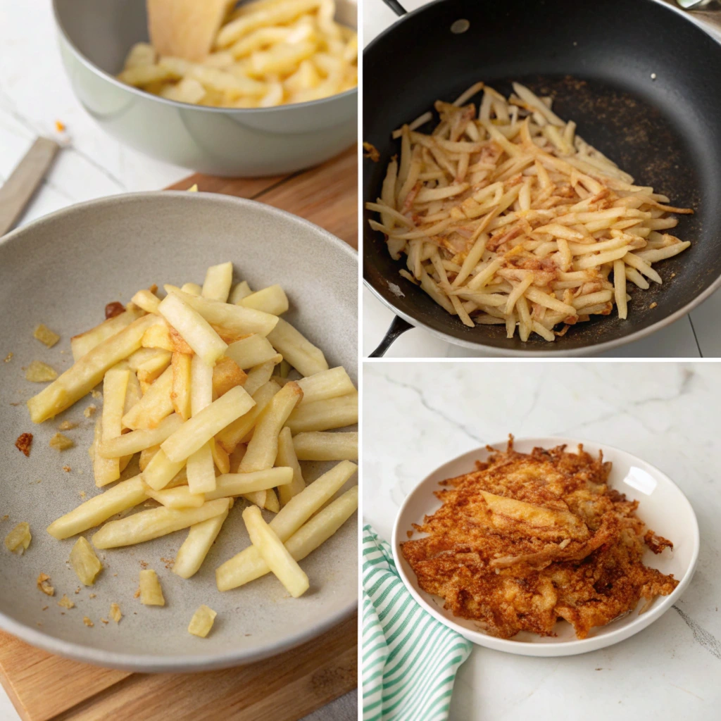 A step-by-step process of transforming French fries into hash browns: raw French fries in a bowl, fries cooking in a skillet, and the final golden-brown hash browns served on a plate. A clear visual guide for repurposing leftovers into a crispy breakfast dish.