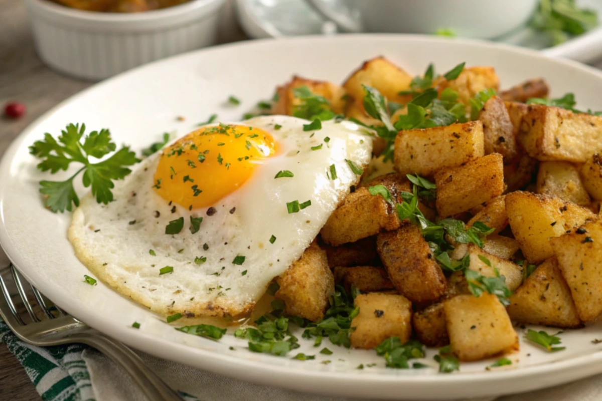 A plate of crispy hash browns made from diced French fries, garnished with fresh parsley and served with a sunny-side-up egg, showcasing a delicious breakfast made from repurposed leftovers.