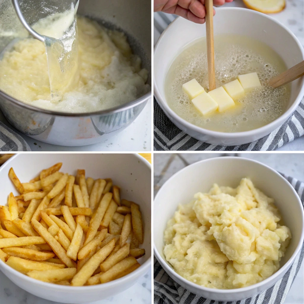 A step-by-step collage showing the process of turning French fries into mashed potatoes: melting butter, soaking fries, and mashing them into a creamy consistency in bowls.