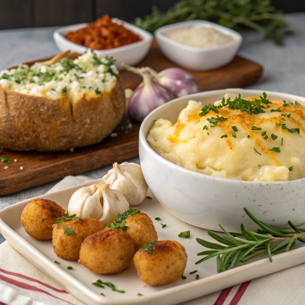 A beautifully plated dish featuring mashed potatoes garnished with herbs, crispy potato croquettes, roasted garlic, and a bread bowl filled with cheesy mashed potatoes, accompanied by seasoning bowls and fresh herbs.