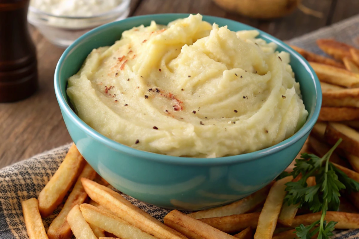 A bowl of creamy mashed potatoes made from French fries, garnished with black pepper, placed alongside golden fries and fresh parsley.