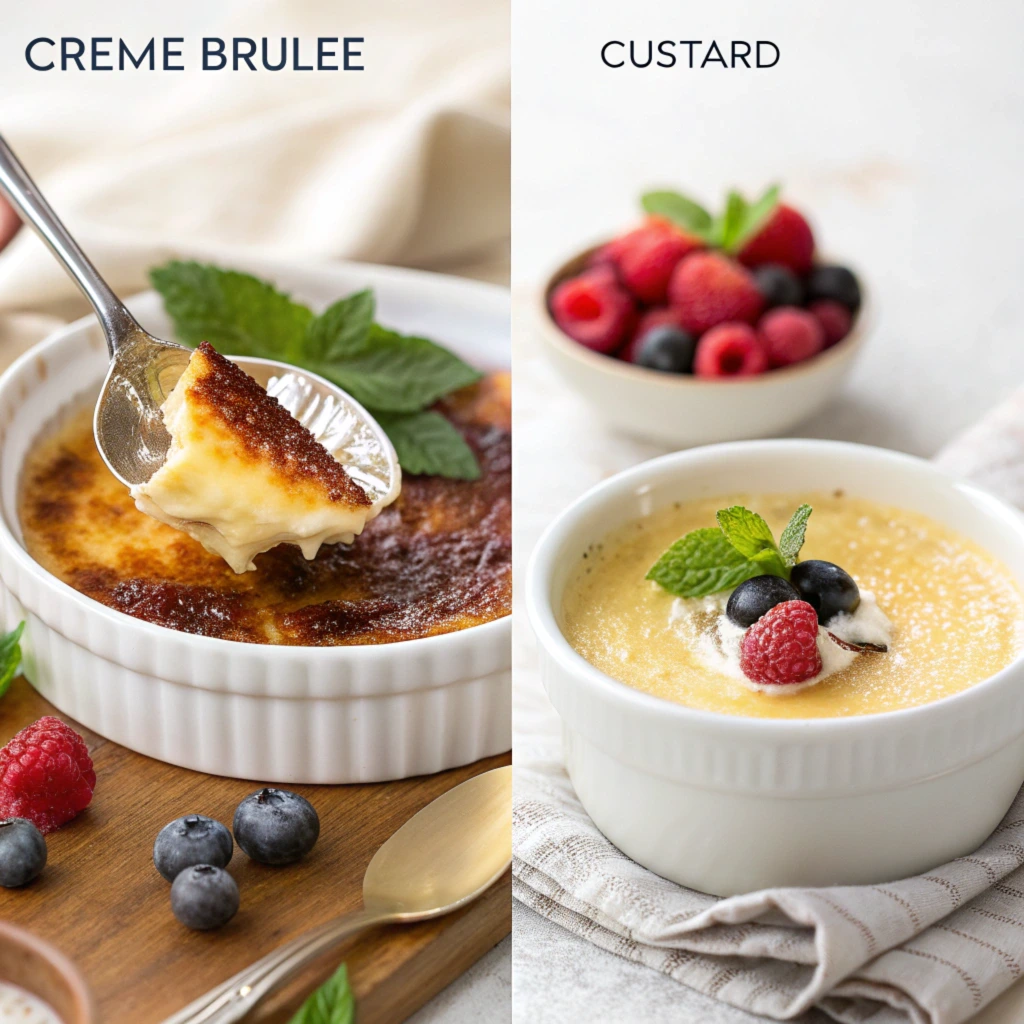 Side-by-side comparison of crème brûlée and custard, featuring a caramelized crème brûlée with a spoon breaking the sugar crust and a creamy custard garnished with berries and mint.