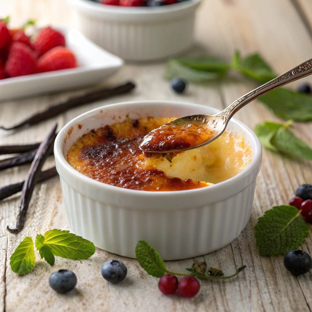 Close-up of a crème brûlée in a white ramekin with its caramelized sugar crust being scooped by a spoon, surrounded by fresh mint leaves, vanilla pods, and berries on a rustic wooden table.