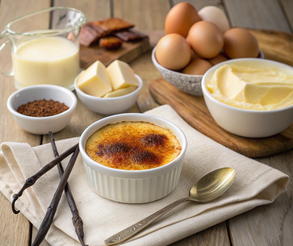 Difference between crème brûlée and custard shown with ingredients like eggs, vanilla, milk, and cream alongside a ramekin of caramelized crème brûlée and a bowl of creamy custard.