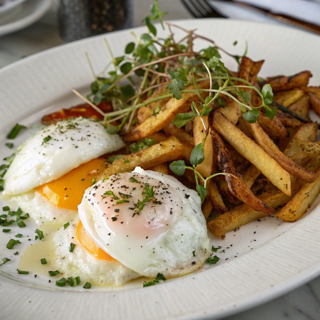 A beautifully plated breakfast featuring golden French fry hash browns, topped with fresh greens, served alongside perfectly poached eggs with runny yolks.