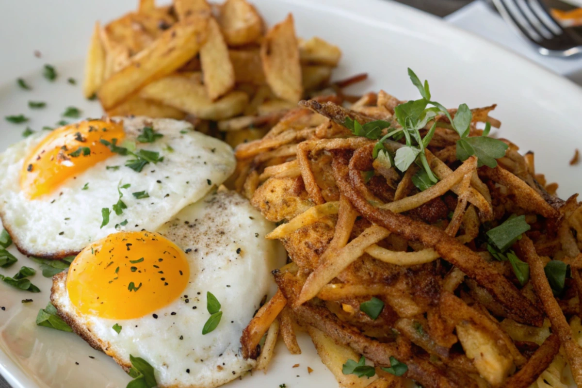 A delicious breakfast plate featuring crispy French fry hash browns paired with sunny-side-up eggs, garnished with fresh herbs, and accompanied by golden French fries.