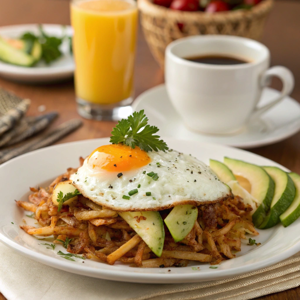 A vibrant breakfast plate featuring crispy French fry hash browns topped with a sunny-side-up egg, garnished with fresh parsley, and served with sliced avocado, a cup of coffee, and orange juice.