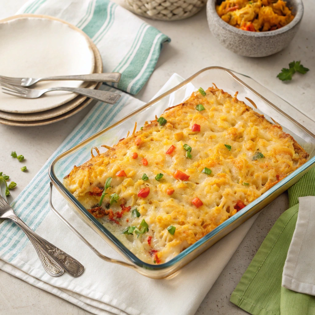 A freshly baked hash brown casserole with melted cheese, diced red bell peppers, and green onions, served in a glass baking dish on a table with plates and cutlery.