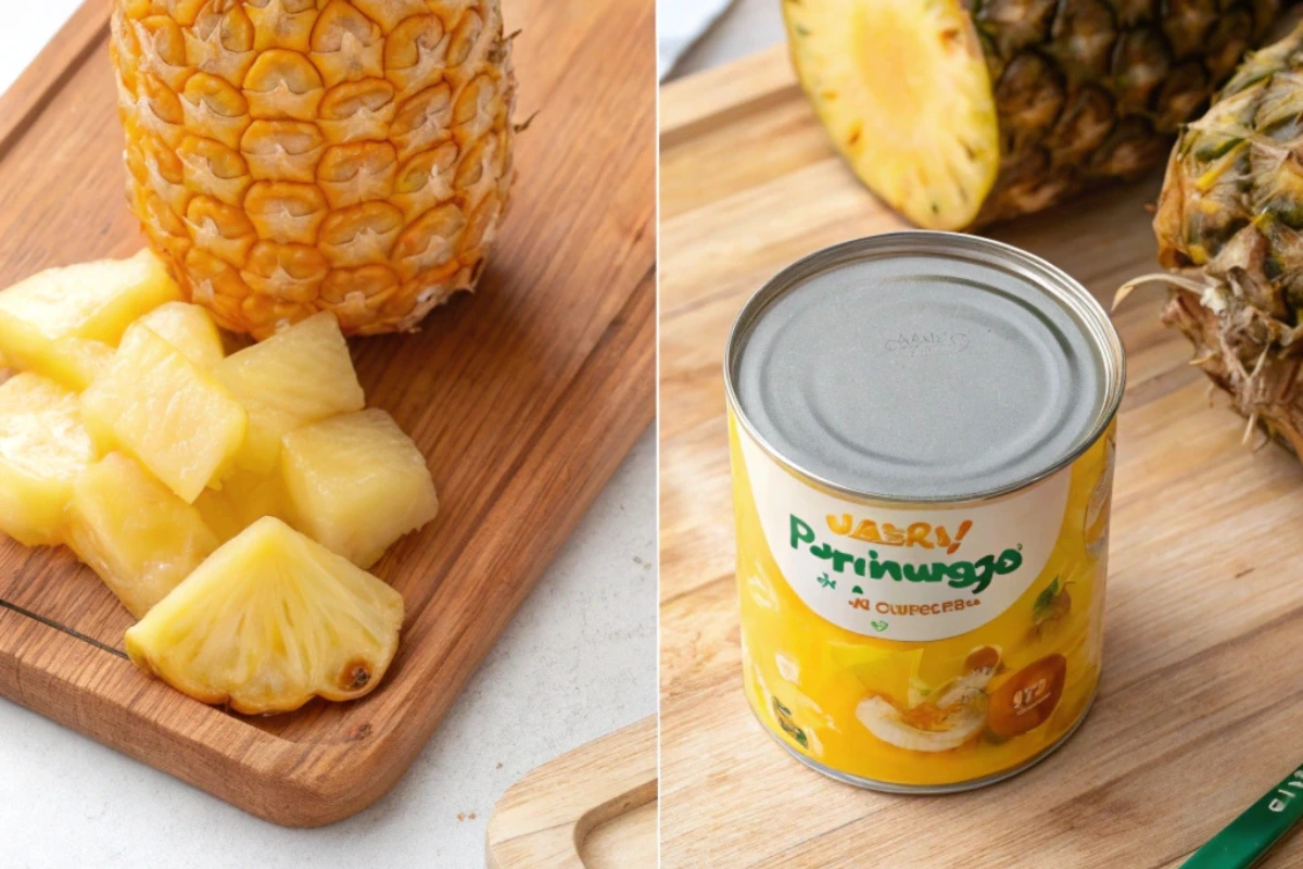 A wooden cutting board with fresh pineapple chunks on the left, next to a whole pineapple. On the right, there is a can of pineapple with the label visible, next to the cut pineapple.