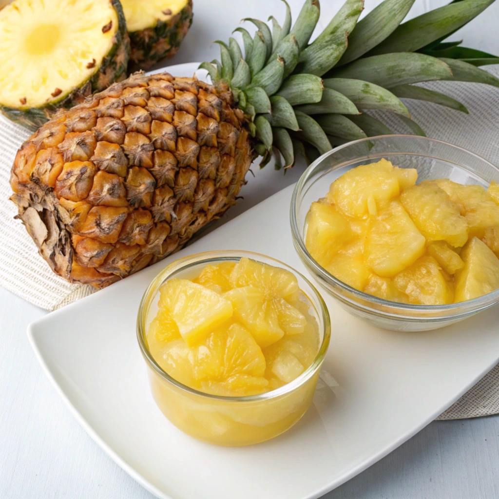 Fresh pineapple and canned pineapple side by side in bowls, highlighting their differences in texture and color for the topic: Fresh and Canned Pineapple: Which One Should You Choose?