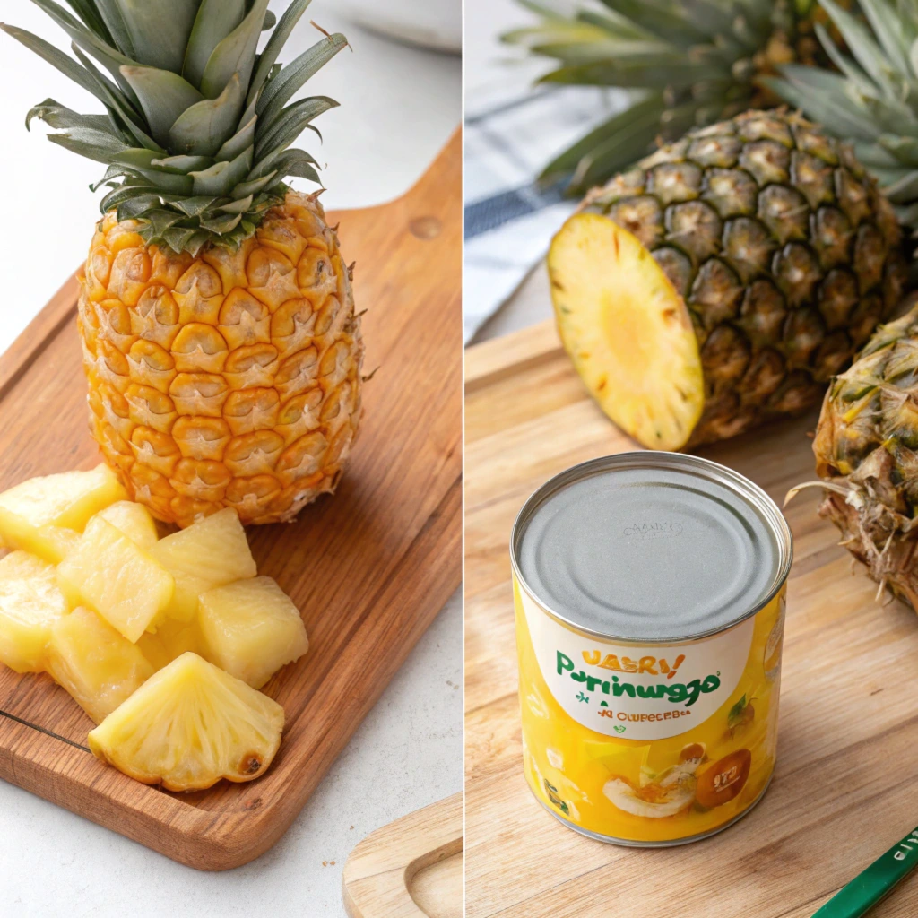 Fresh and canned pineapple comparison: whole pineapple with diced pieces and a can of pineapple.