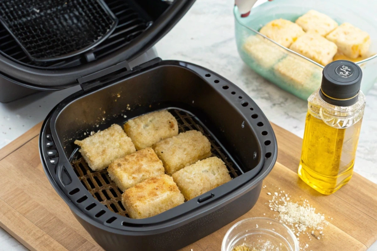 Frozen hash browns cooking in an air fryer basket, with a bottle of oil and a small bowl of seasoning on the wooden countertop next to it. A dish of uncooked hash browns is visible in the background.