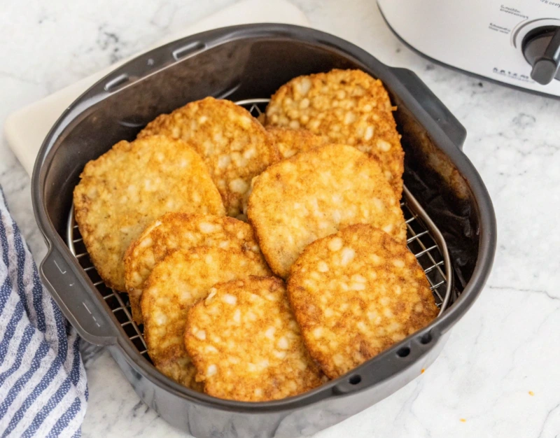 Multiple golden hash brown patties arranged in an air fryer basket, freshly cooked to perfection with a crispy texture.