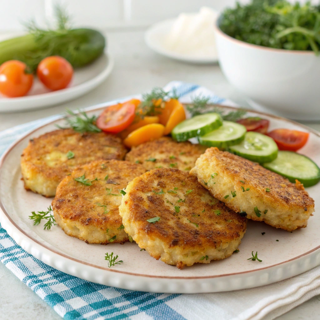 A plate of healthy homemade hash browns garnished with fresh parsley, served with sliced cucumbers, cherry tomatoes, and dill. The table also includes fresh vegetables and a bowl of greens, showcasing a light and wholesome meal