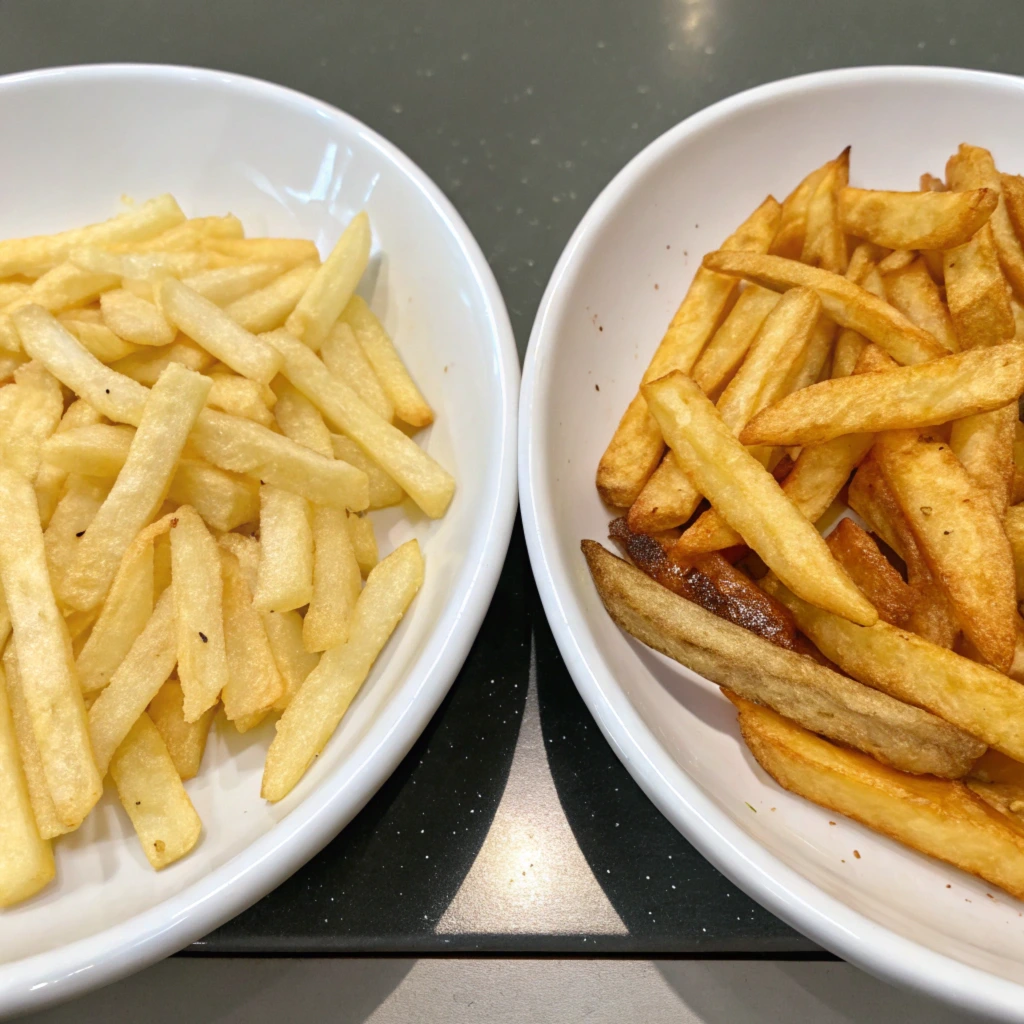 Side-by-side comparison of soggy, pale fries in one bowl and golden, crispy fries in another, showcasing the difference in texture and quality.