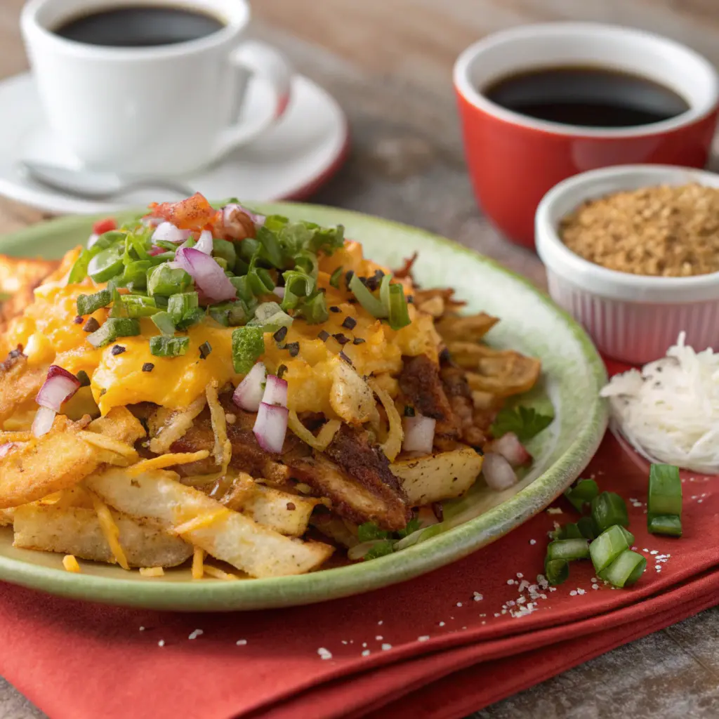 A plate of repurposed fries topped with melted cheese, chopped green onions, and diced red onions, served alongside cups of coffee and small bowls of condiments.