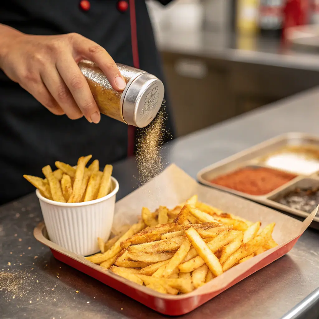 A person sprinkling seasoning over a tray of golden fries, with a small cup of fries and spice containers visible in the background, set in a professional kitchen.