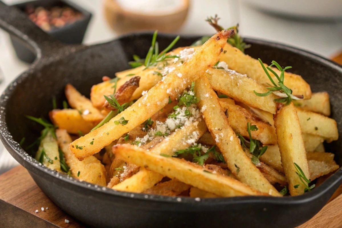 Golden and crispy French fries garnished with fresh rosemary and grated cheese, served in a black cast-iron skillet.