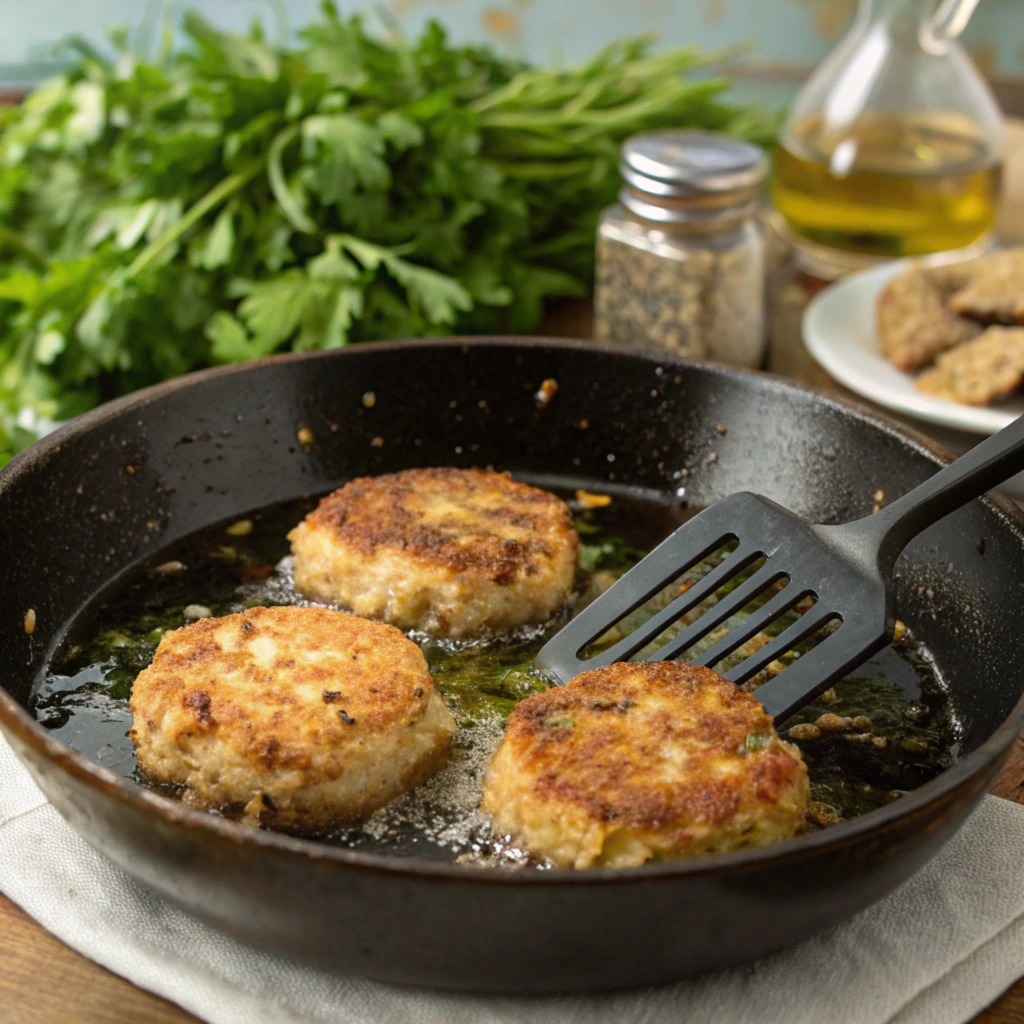 Three golden-brown crab cakes frying in a cast-iron skillet with oil, accompanied by fresh parsley, olive oil, and seasonings in the background. This image illustrates the frying process and explores the question, is it better to fry or bake crab cakes.