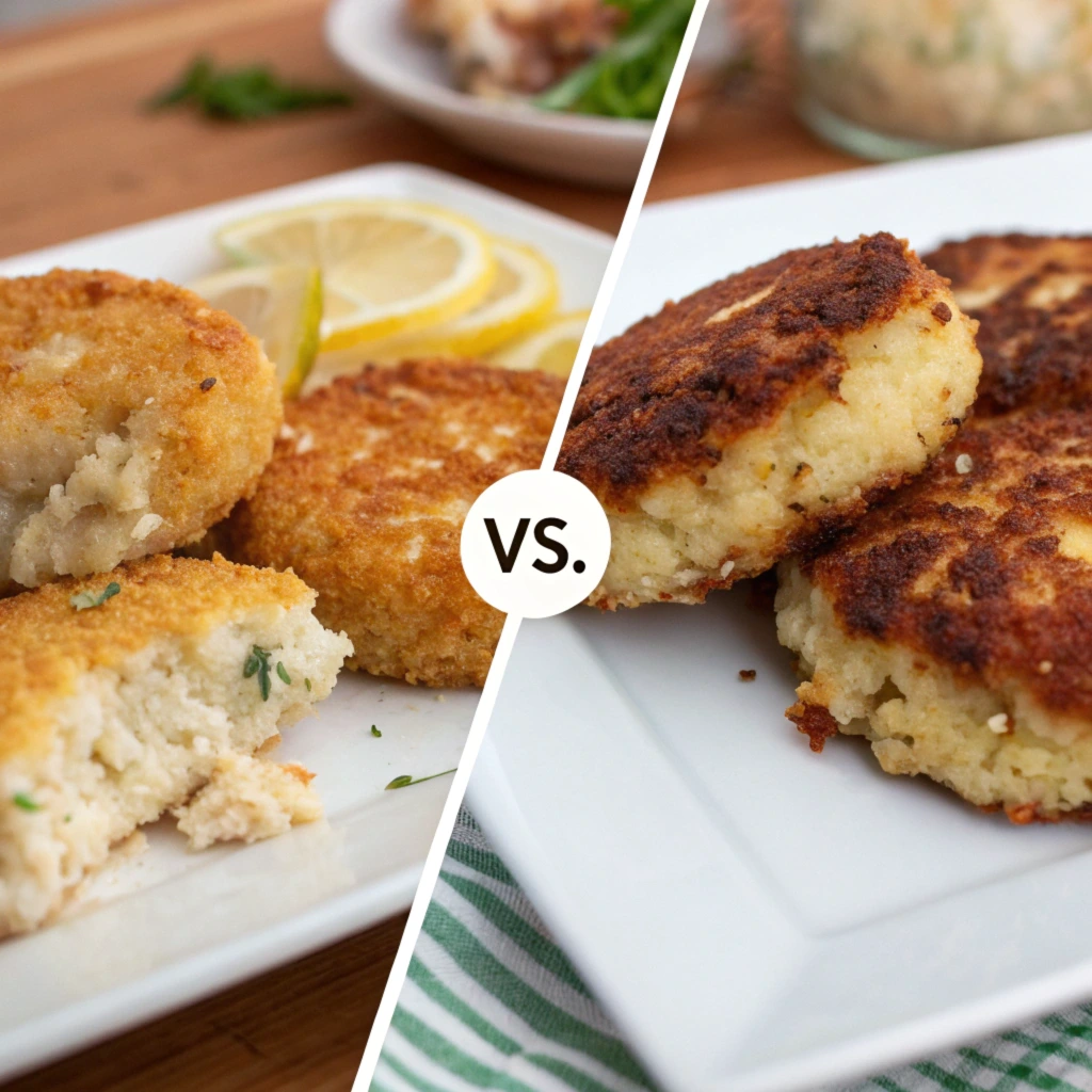 A split image comparing baked crab cakes on the left with a light golden crust and fried crab cakes on the right with a darker, crispy exterior.